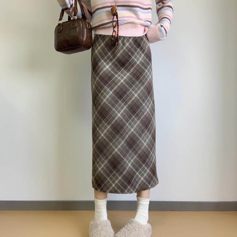 Roter Retro-Woll-Karo-Rock mit Schlitz - Herbst/Winter Beflockter, formender Hüftwickelrock