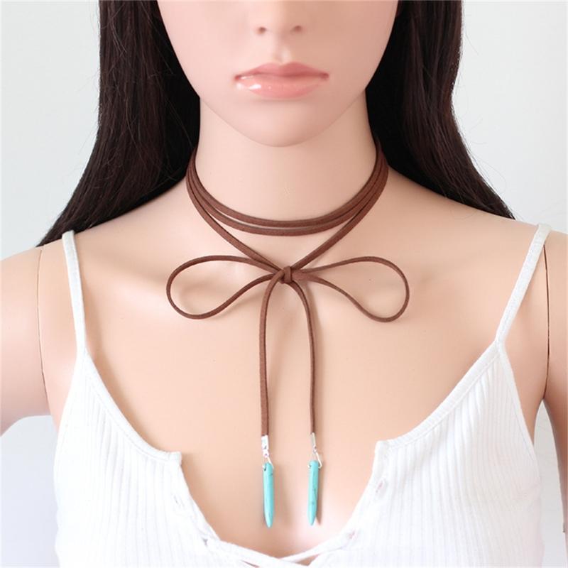 Bohemian Style Leather Sweater Chain Necklace for Women Turquoise Stone Pendant Long Necklace Boho Jewelry Gift
