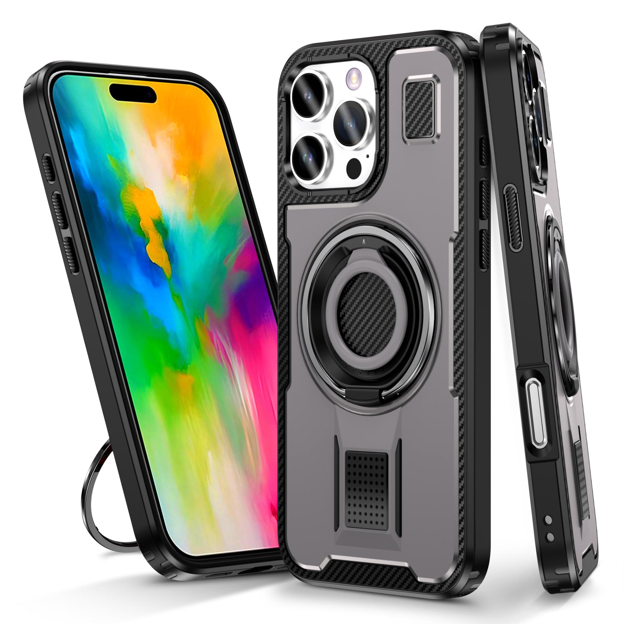 

For iPhone 16 Pro Case TPU+PC Kickstand Phone Cover with Silicone Finger Strap Grey