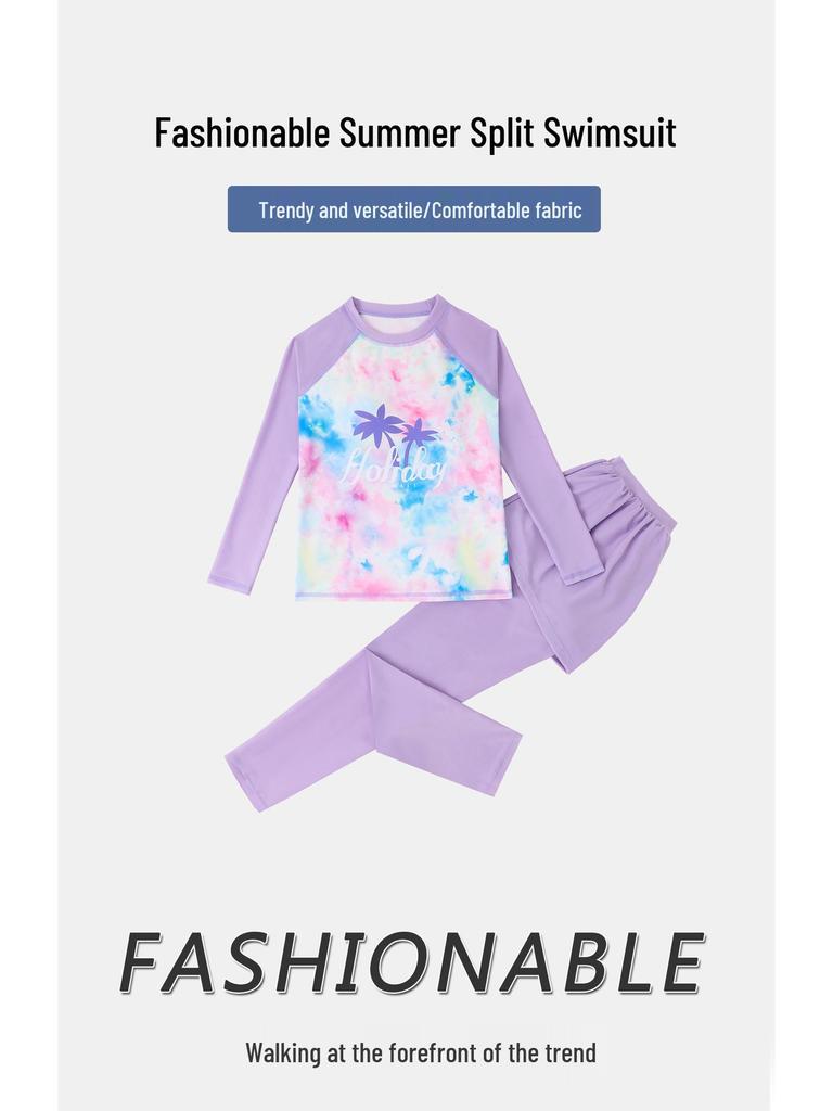 Girls' Teen Long Sleeve Sun-Proof Swimsuit Set with Quick-Dry Korean Style Print