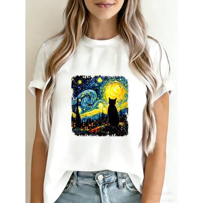 Women Casual T Shirt White Starry Night Cat Art Print For Everyday Wear And Art Lovers