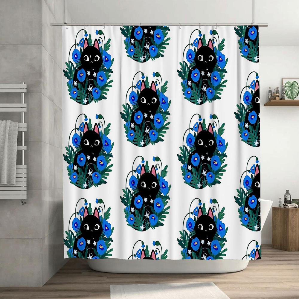 Floral Cat Shower Curtain Botanical Blue Flowers Home Decor Bathroom Set Vintage Nature Art Print Waterproof Fabric
