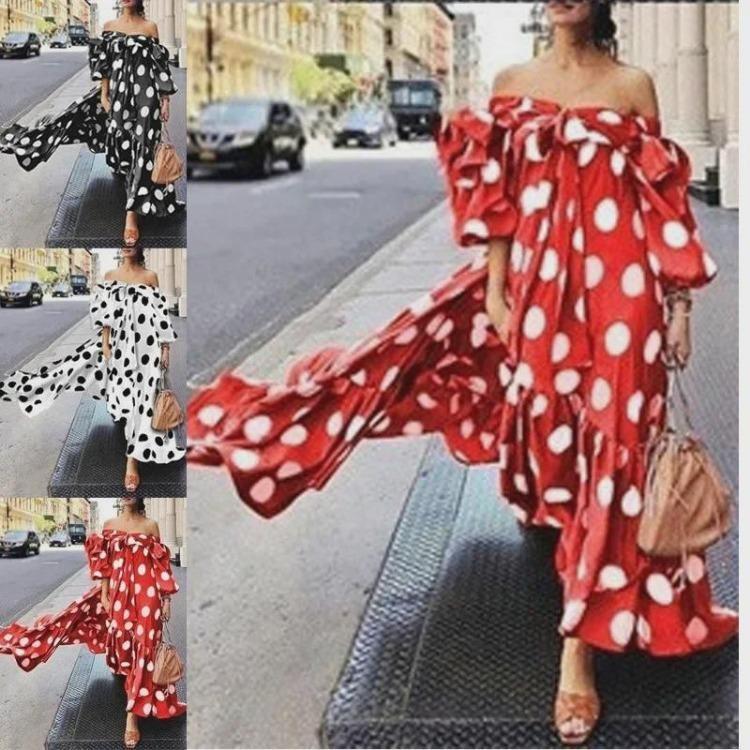 European American Style Off Shoulder Polka Dot Bohemian Maxi Dress