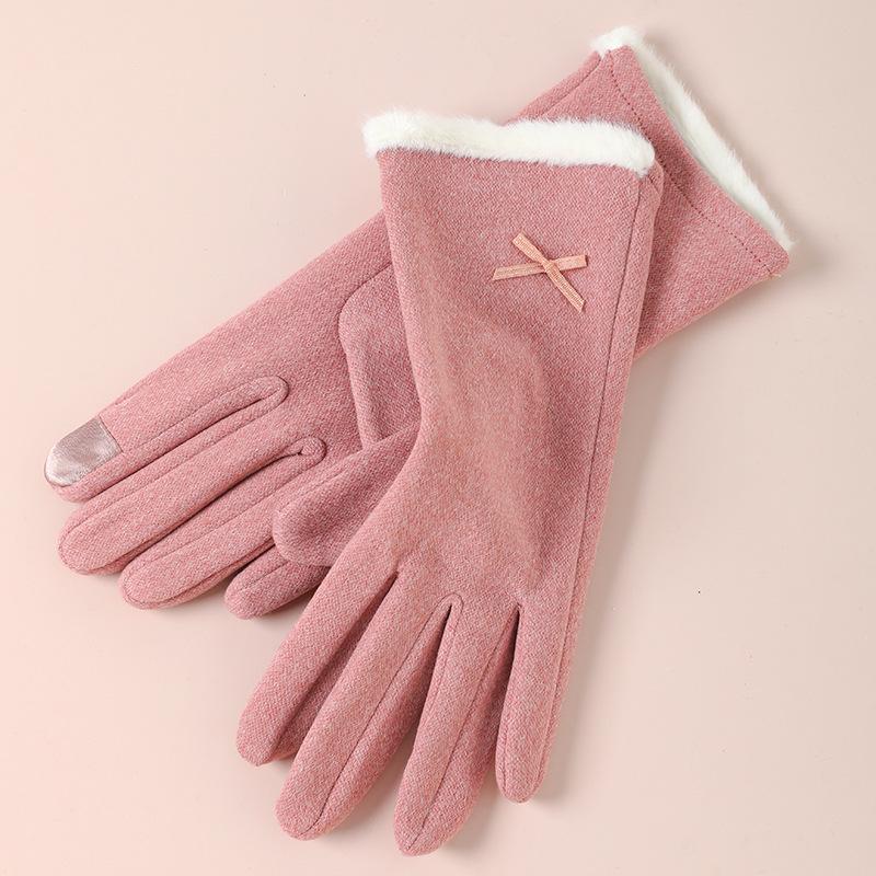 Warm Gloves for Women Rabbit Fleece Cute Bow Thickened Plush Windproof Riding Touch Screen Autumn and Winter Gloves