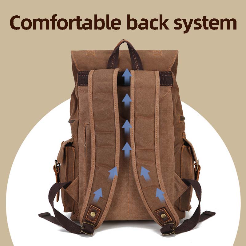 Vintage Distressed Leather Waxed Canvas Backpack Large Capacity Multiple -pockets New Waterproof Drawstring Outdoor Travel Double-Shoulder Bag