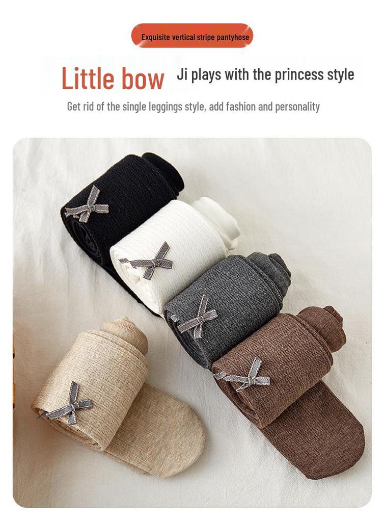 Kids' Winter Plus Velvet Thickened Knit Tights with Bow - Combed Cotton Cable Knit