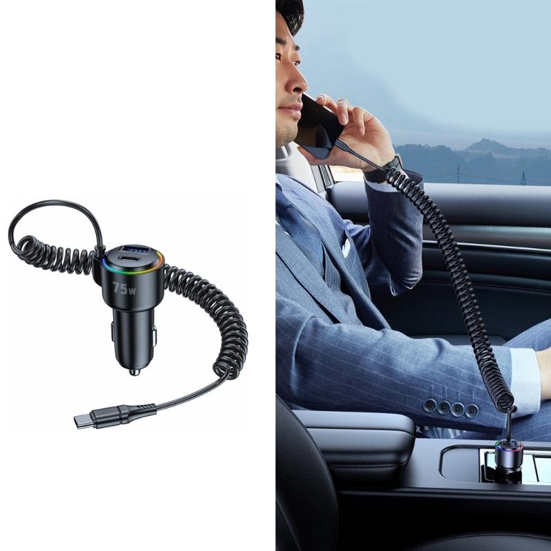 Universal 75W Car Fast Charging with build  In Spring Cable Three  Port  Mobile Phone Charger for Efficient Power Delivery