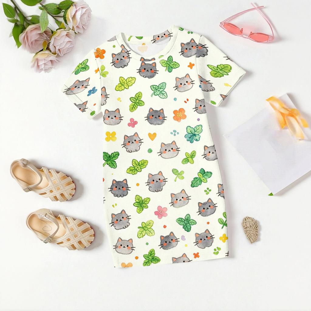 Mädchen lockeres kurzärmeliges Kleid leicht rundhalsig lässiges Kleid mit Tiermotiv bequemes Sommerkleid für Kinder