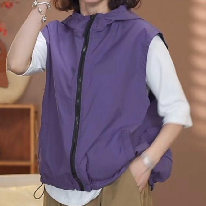 Double Sided Sleeveless Hooded Jacket for Women Autumn Loose Drawstring Zipper Top Solid Color Versatile Vest