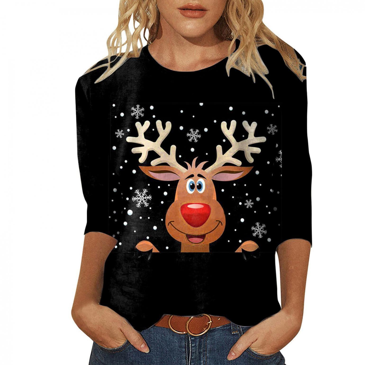

Spring and Autumn Round Neck 3D Printed Top Fashionable Casual Long Sleeved Christmas Costumes Women s T-shirts 5XL