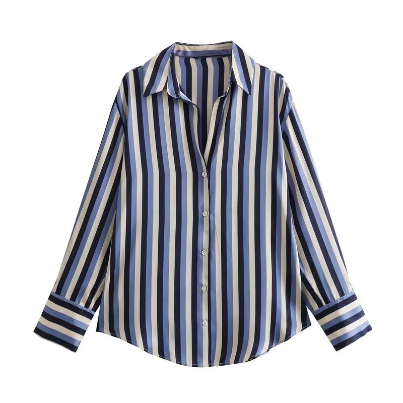 Stripe Shirt Western Style Versitile Fashion Shirt Satin Stripe Retro Temperament Long sleeve Women's Shirt