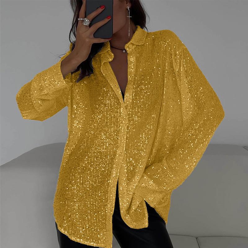 "Women's Sequin Lapel Long Sleeve Cardigan Shirt Jacket - 2024 Spring/Summer European & American Style"