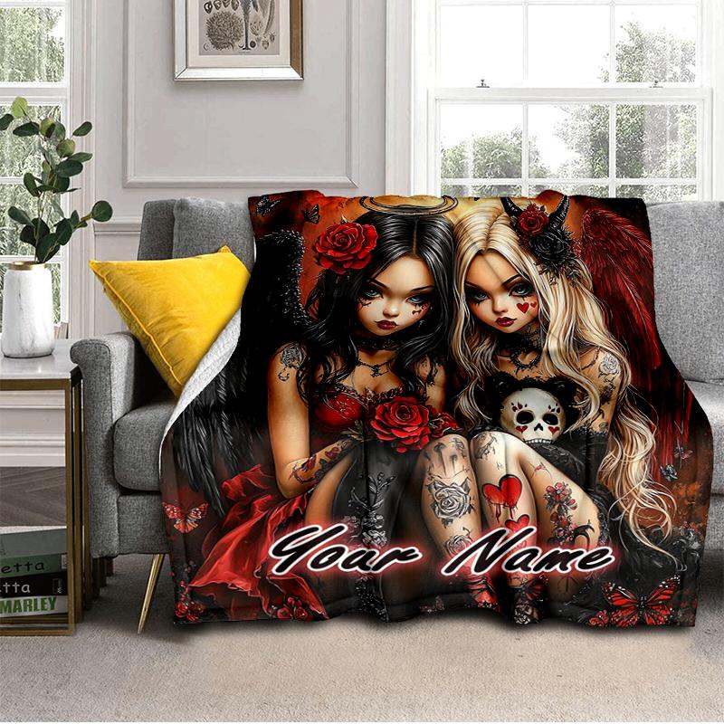 1PC Custom Name Dark Angelic Fantasy flannel blanket versatile,all-season throw suitable for the living room,bedroom,camping,travel,and gift