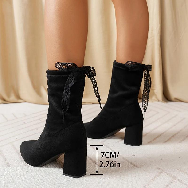 Herbst Winter Dicke Absätze Damen Stiefeletten Mode Schnürschuhe hinten Damen Elastische Slim Socken Kurze Stiefeletten