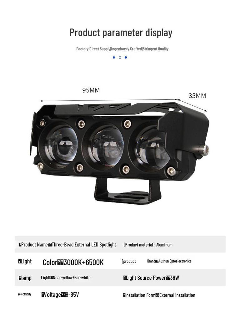 Motorcycle Three-Eye Spotlight, Dual-Color Yellow/White, Easy Installation, Outdoor Waterproof.