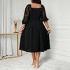 European and American Large-size Summer New Temperament Elegant Square Neck Splicing Waist and Knee Dress