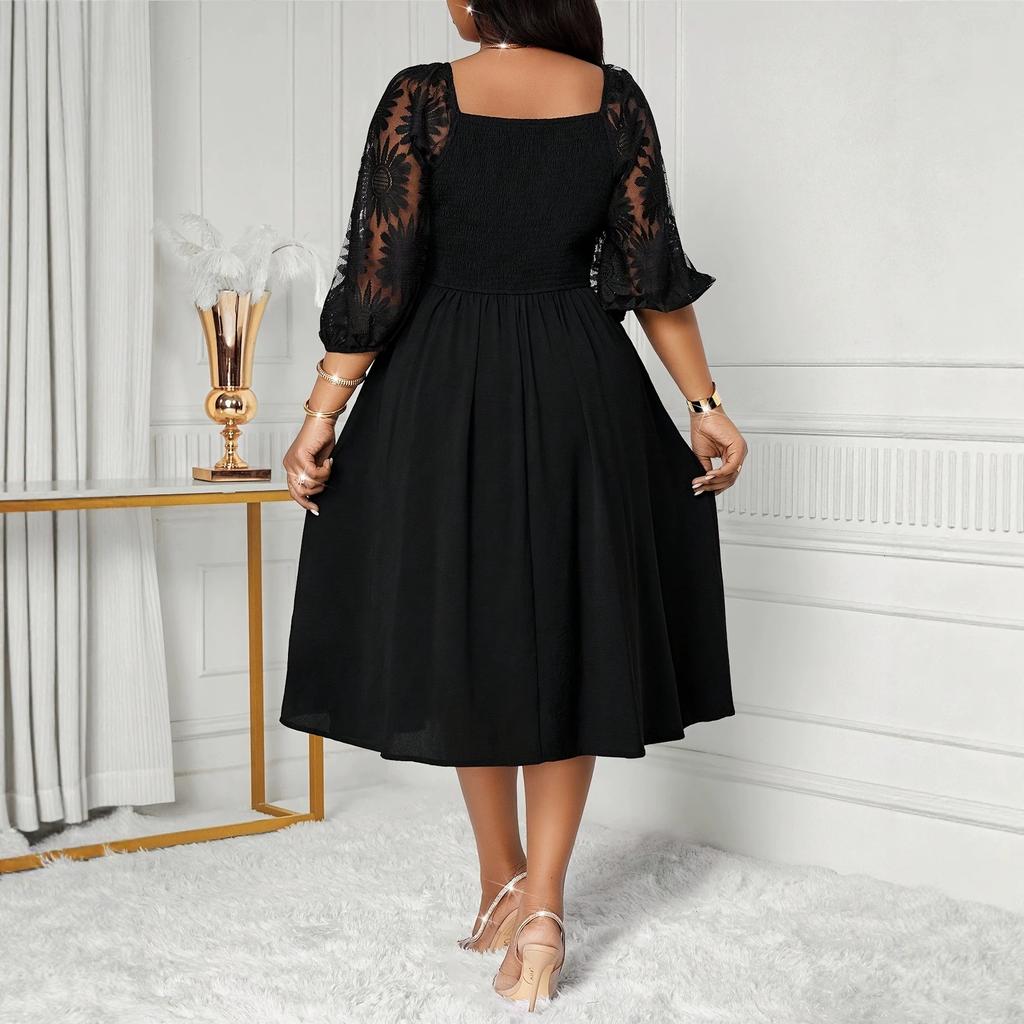 European and American Large-size Summer New Temperament Elegant Square Neck Splicing Waist and Knee Dress