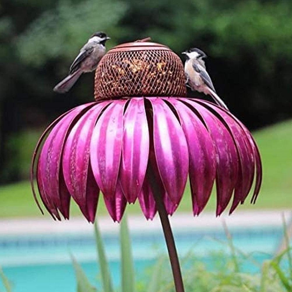 Coneflower Bird Feeder Iron Standing Bird Feeder Backyard Flower Pole Bird Feeder Garden Art Metal