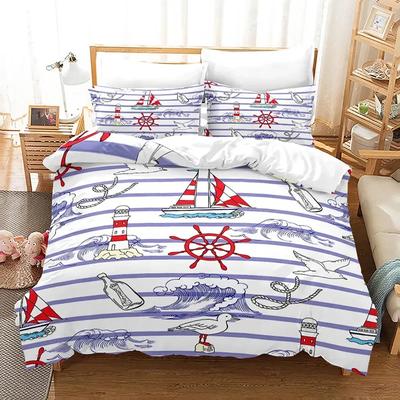 Ocean Theme Duvet Cover King Navigation Compass Sailboat Lighthouse Icon Bedding Set Microfiber Geometric Stripe Comforter Cover