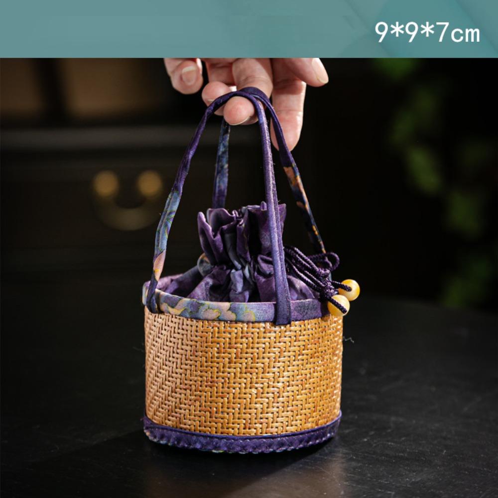 Handmade Spliced Drawstring Pocket with Handle Teapot Bag Rattan Pattern Storage Bag  For Small Cup