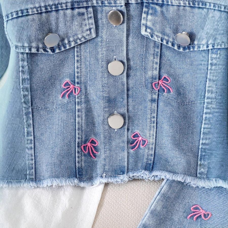 Autumn/Winter New Style Girls' Outfit Set Embroidery Bow Long Sleeve Jacket + Pants Denim Set
