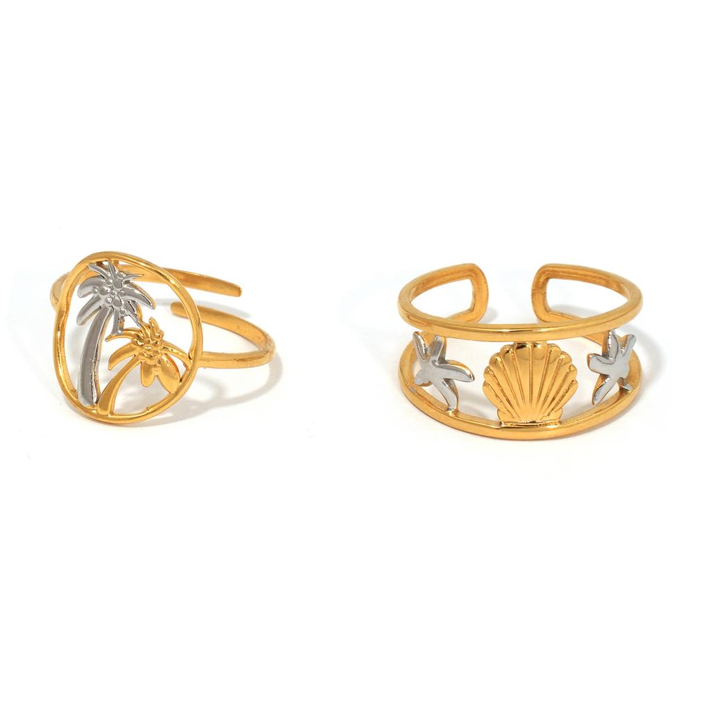 18K Gold-Plated Stainless Steel Rings Waterproof Minimalist Party Gift Coconut Tree Starfish Shell Ring ,For Vacation,Waterfront