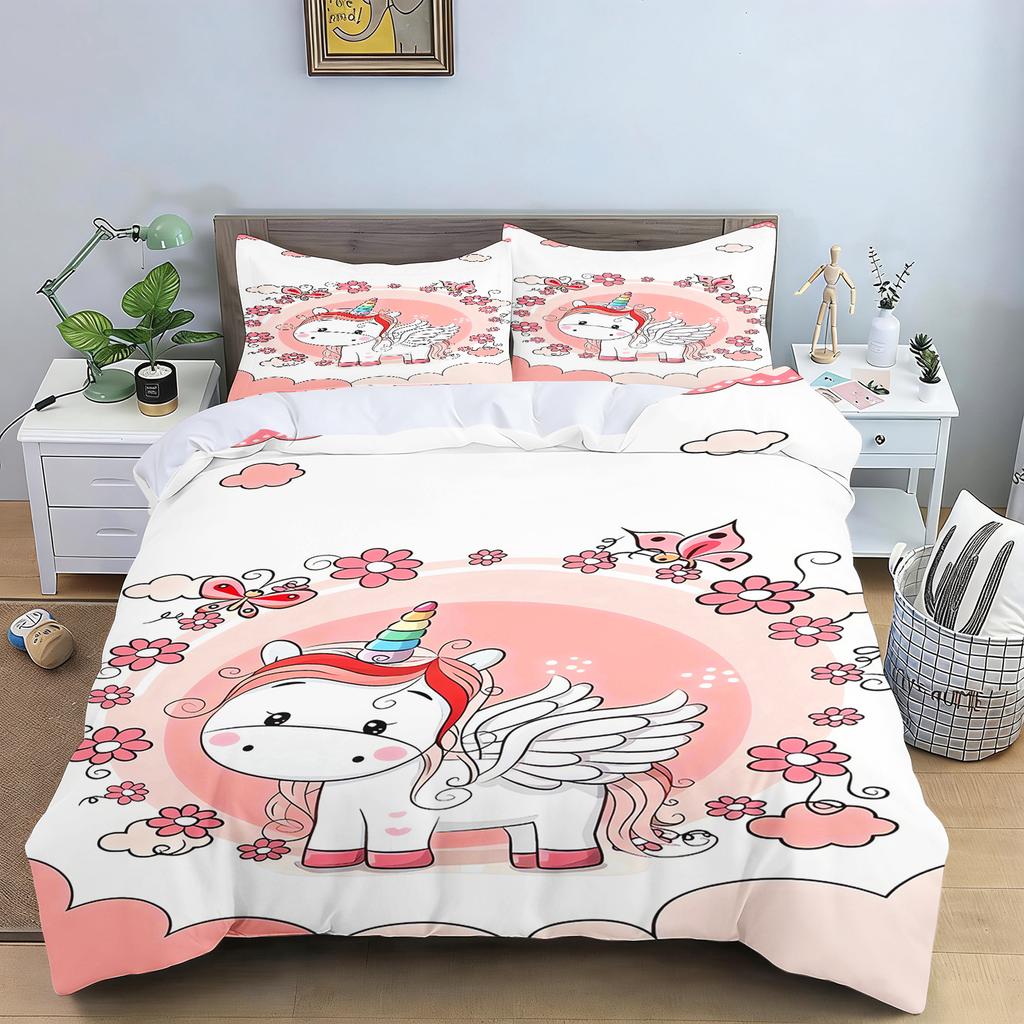 Cute Flowers Rainbow Unicorn Couple Bedding Set Pink Hearts Duvet Cover Pillowcase For Girls Bedroom Decor