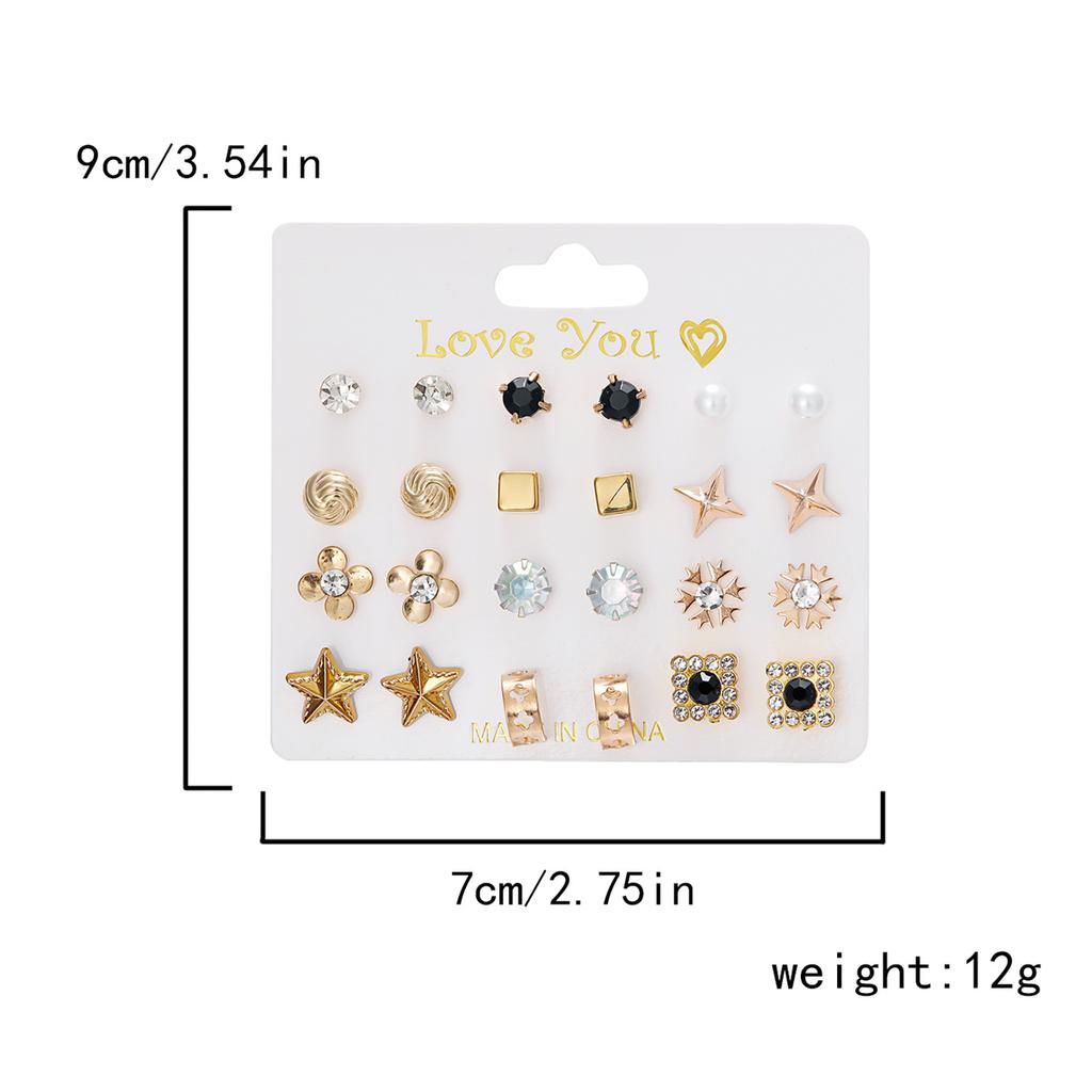 12Pairs/Set Fashion Geometric Stud Earrings Set For Women Love Heart Bowknot Rose Flower Star Moon Pearl Earrings Party Jewelry