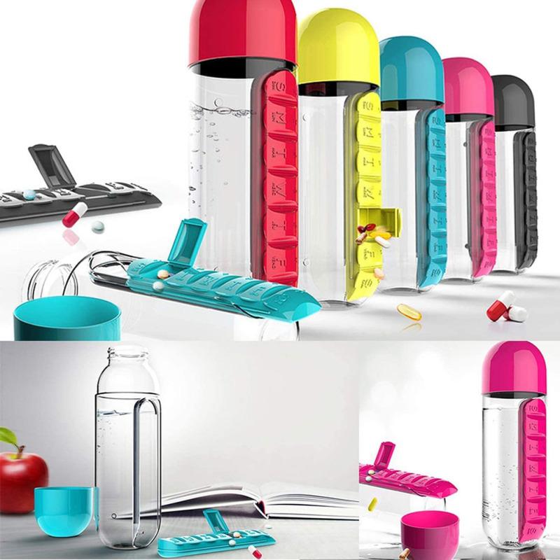 2-in-1 600ml Portable Water Bottle Detachable Large-capacity 7 Day Pill Box Case Weekly Pill