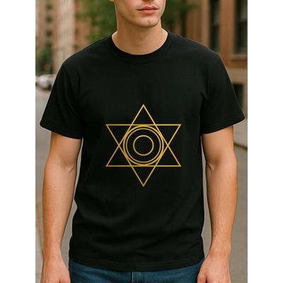 Taglie europee Stampa Geometrica Lineare Esagramma Dorato, T-shirt Casual da Uomo a Maniche Corte con Scollo Rotondo e Stampa, Nuova Collezione Primavera