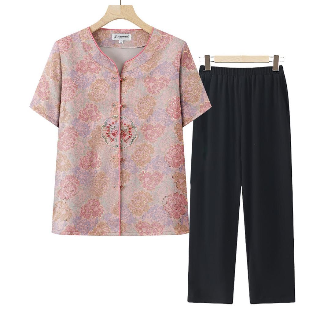 Mom's Chinese Style Summer Top Set: Short-Sleeved Shirt & Two-Piece Outfit for Middle-Aged and Elderly Women
