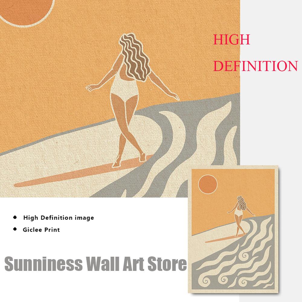 Wave Chaser Surf Girl Canvas Painting Sunset Beach House Coastal Plants Prints Nordic Surf Shack Posters Home Art Decor Pictures