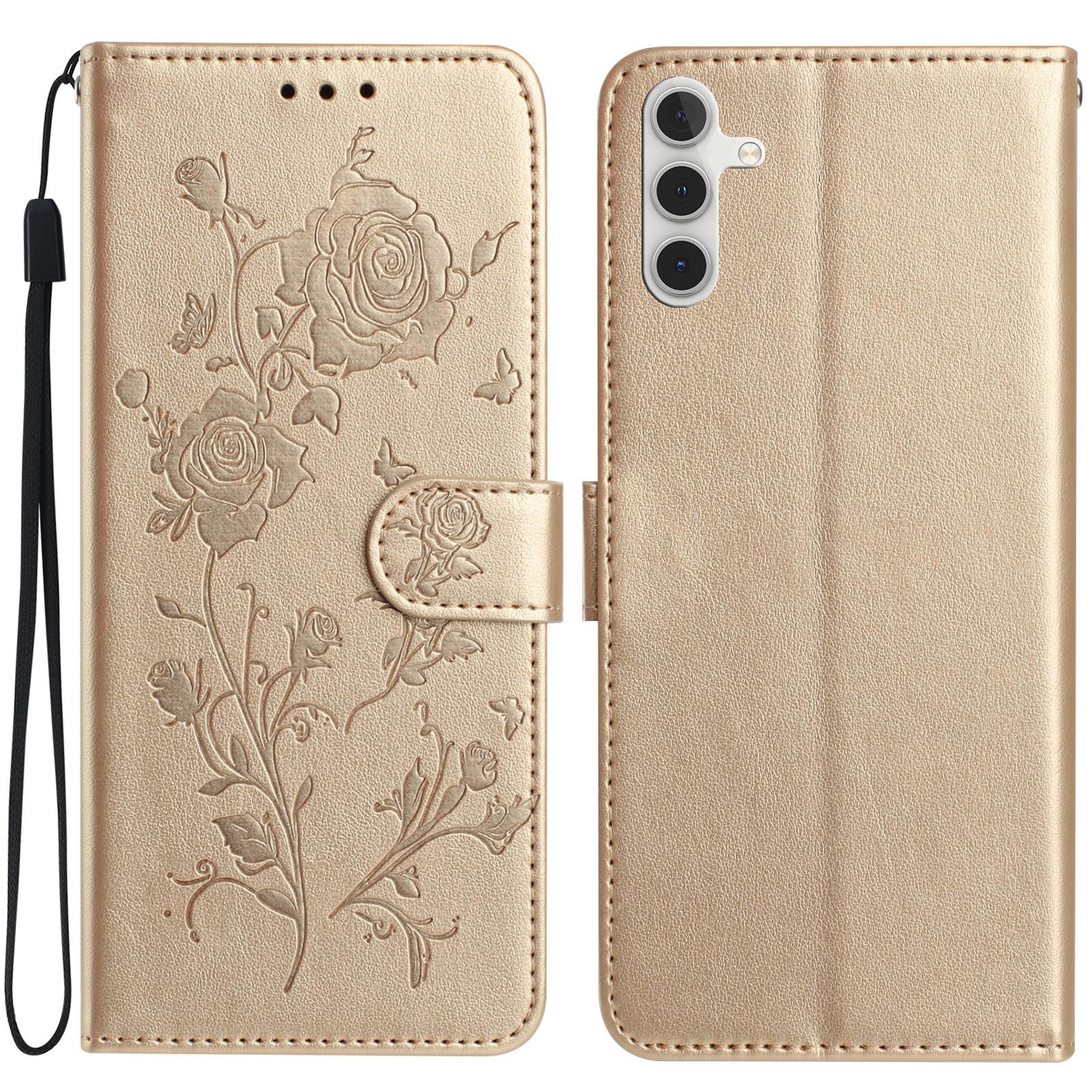 

For Samsung Galaxy A26 5G Wallet Case Rose Pattern Imprinted Leather Flip Stand Phone Cover Gold