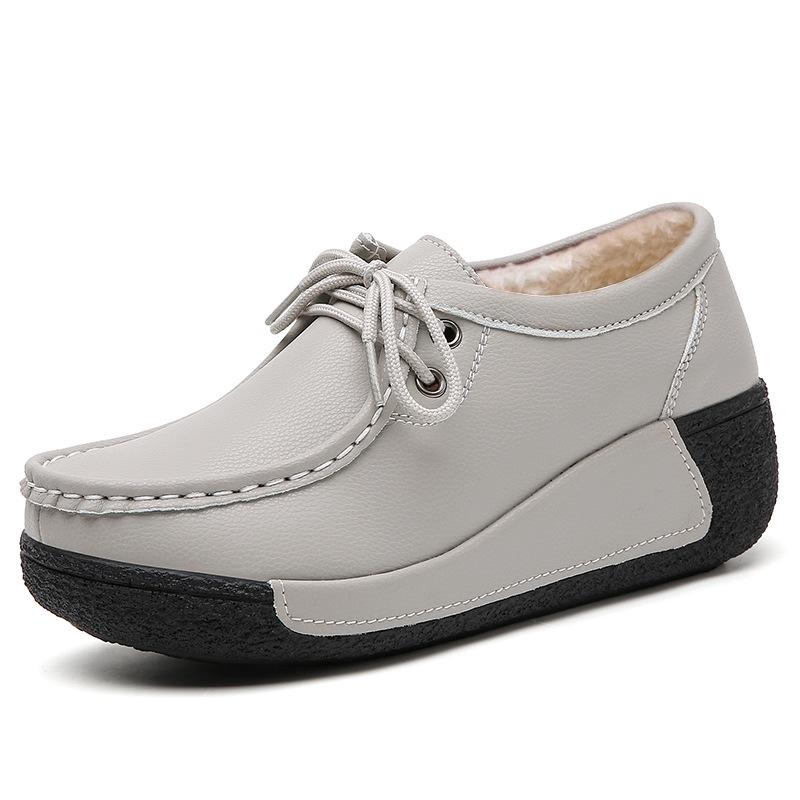 Dámské mokasíny na platformě z pravé kůže v korejském stylu - Sametové, bavlněné, silná podrážka, zvyšující výšku, ležérní, všestranné, teplé boty