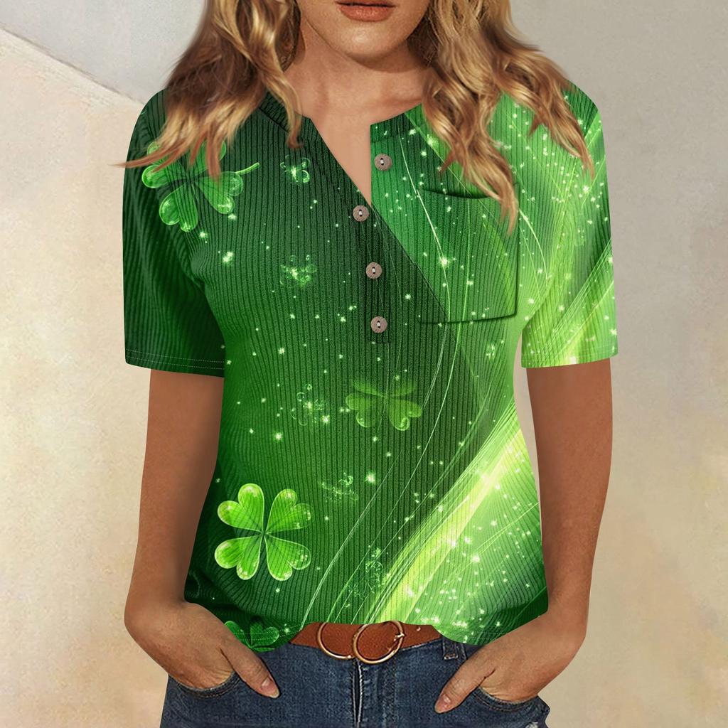 T-Shirts für Damen, plissiert, V-Ausschnitt, elegant, lässig, Blusen, bedruckt, kurzärmelig, Sommeroberteile, lockere Passform