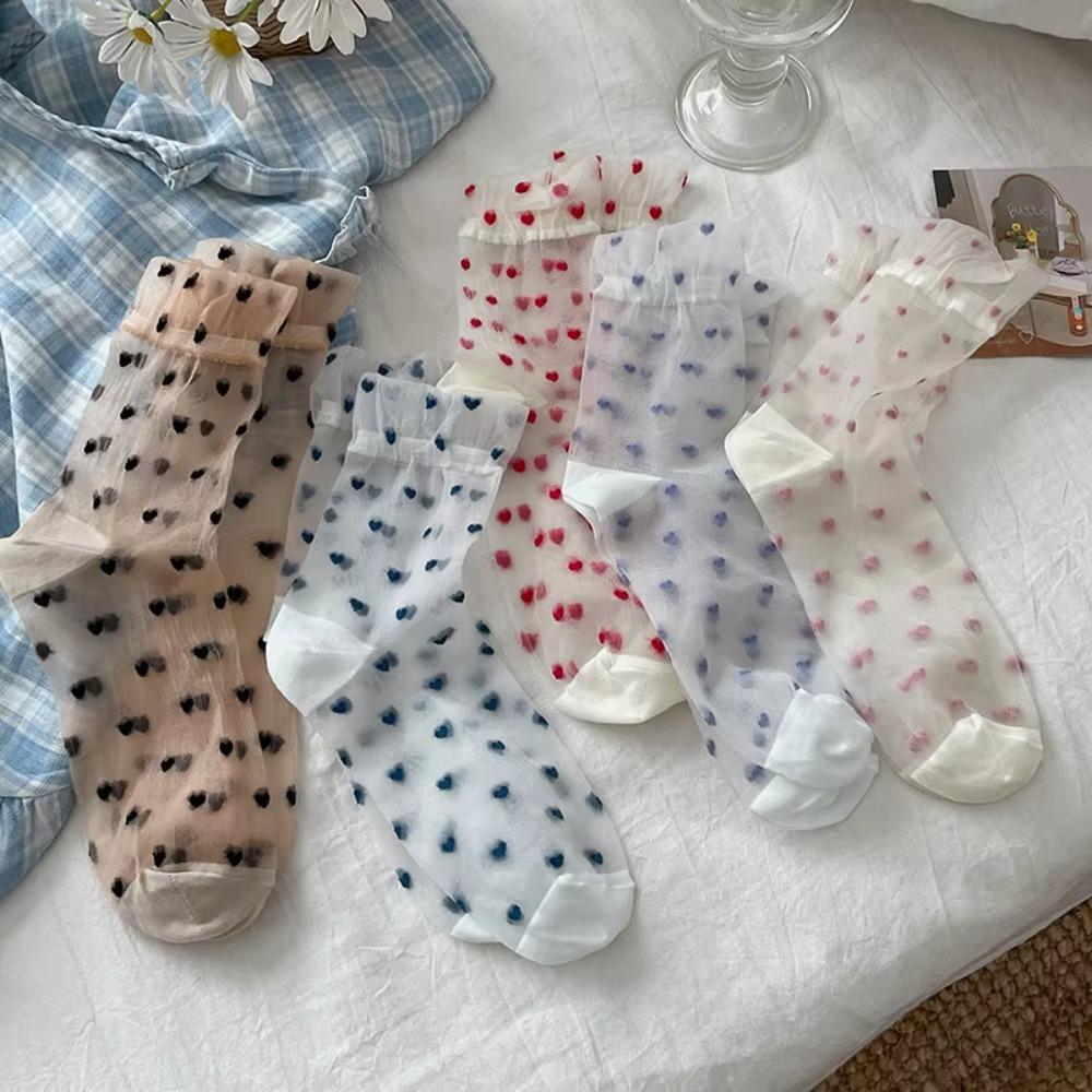1pair Transparent Heart Print Socks Ultra-thin Mesh Medium Tube Socks Crystal Silk Socks  Women