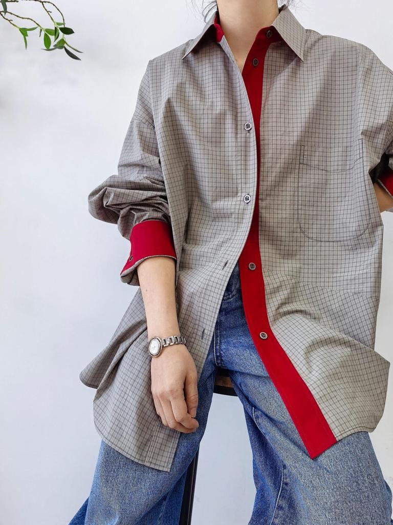 Damen Frühjahr Karoshemd - Kontrastfarben, POLO-Kragen, Mittellang, Übergroße Baumwollsilhouette