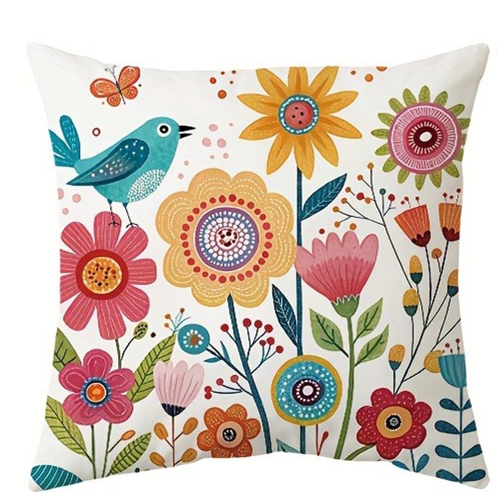Colorful Floral - Bird Cheerful Pillow CoversLiving Room Sofa Cushion Cover, Soft and Comfortable, Bedroom Room Decoration