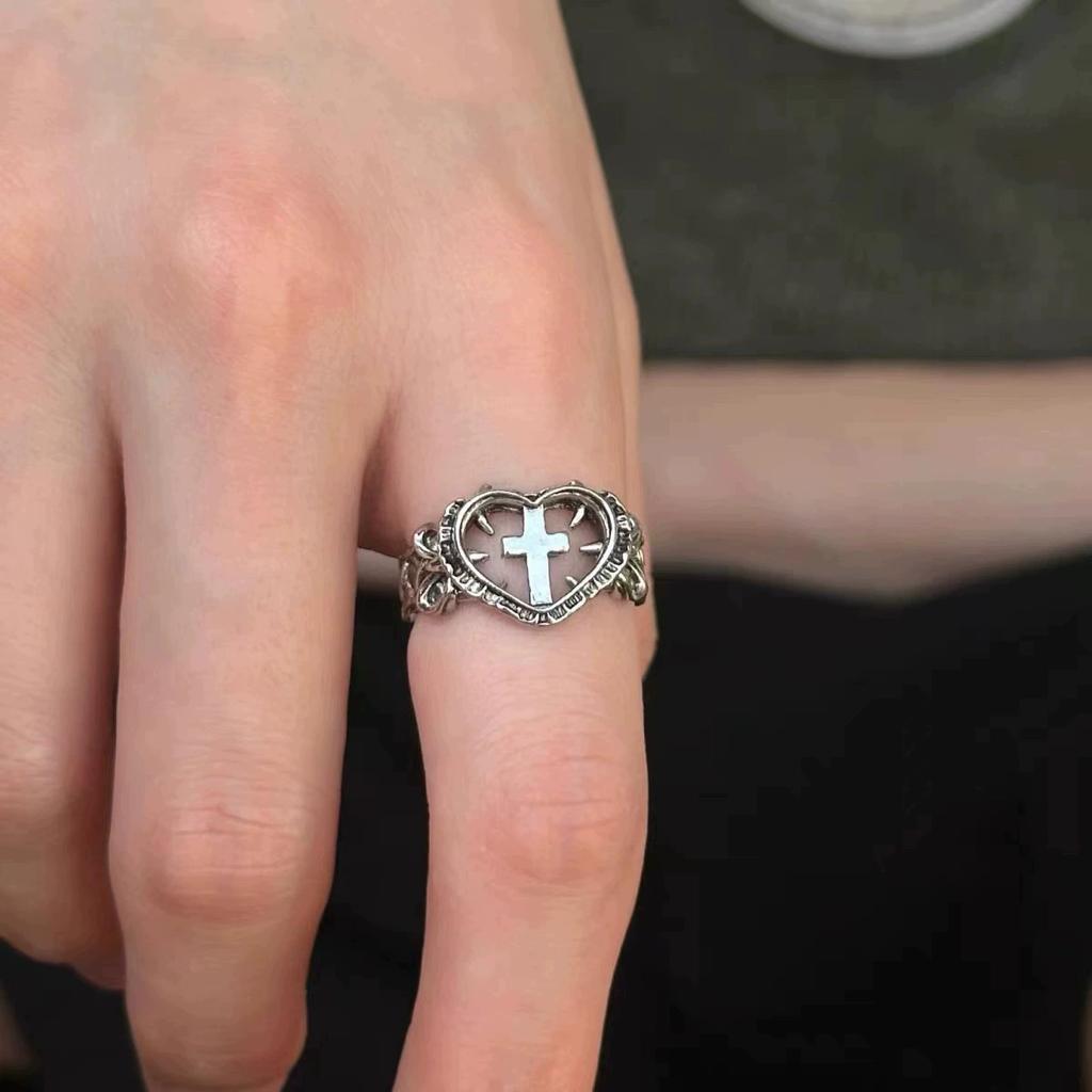 Punk Gothic Cross Heart Open Rings For Men Women Hip Hop Fashion New Unisex Jewelry Couple Gift Party Rock anillos