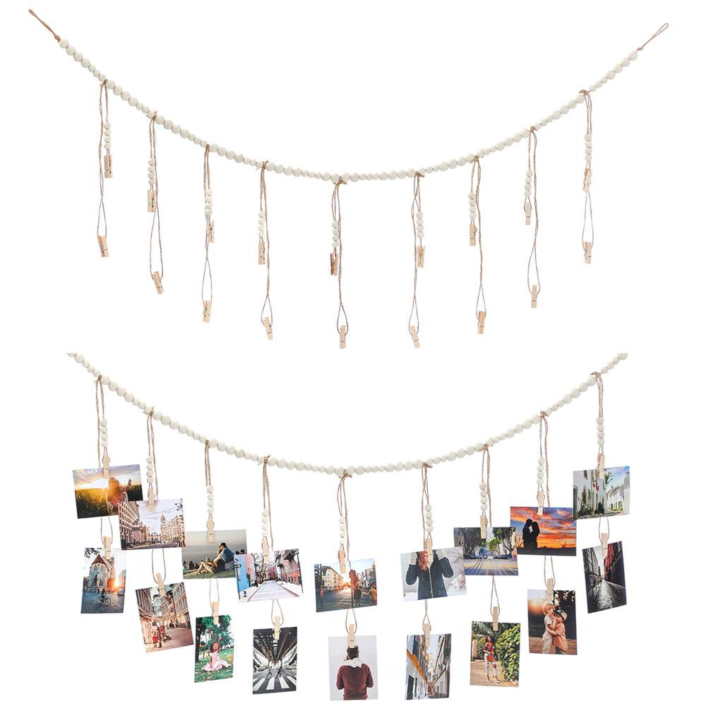 Unique Wooden Bead Hanging Photo Display Frame - Decorative Chic Collage Picture Holder with Clips and Garland
