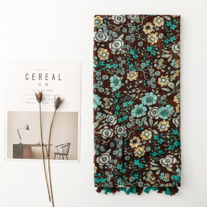 88*180cm Böhmisch Grün Blume Damen Viskose Schal Stola Baumwolle Leinen Gefühl Quaste Pashmina Muslimischer Hijab Wickeltuch Dame Frau