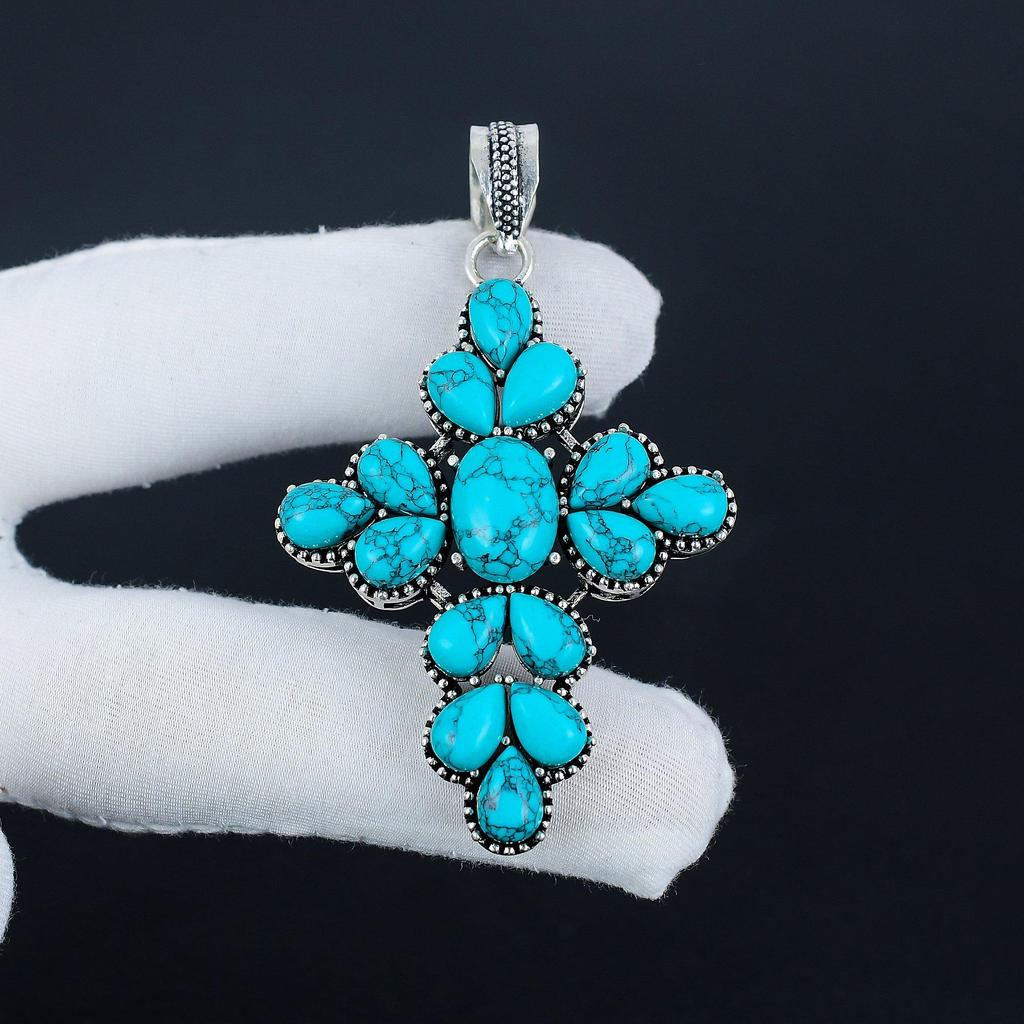 Natural Turquoise Gemstone Silver Cross Pendant In 925 Sterling Silver - Handmade Pear Design, Everyday Wear Jewelry Birthday Gift