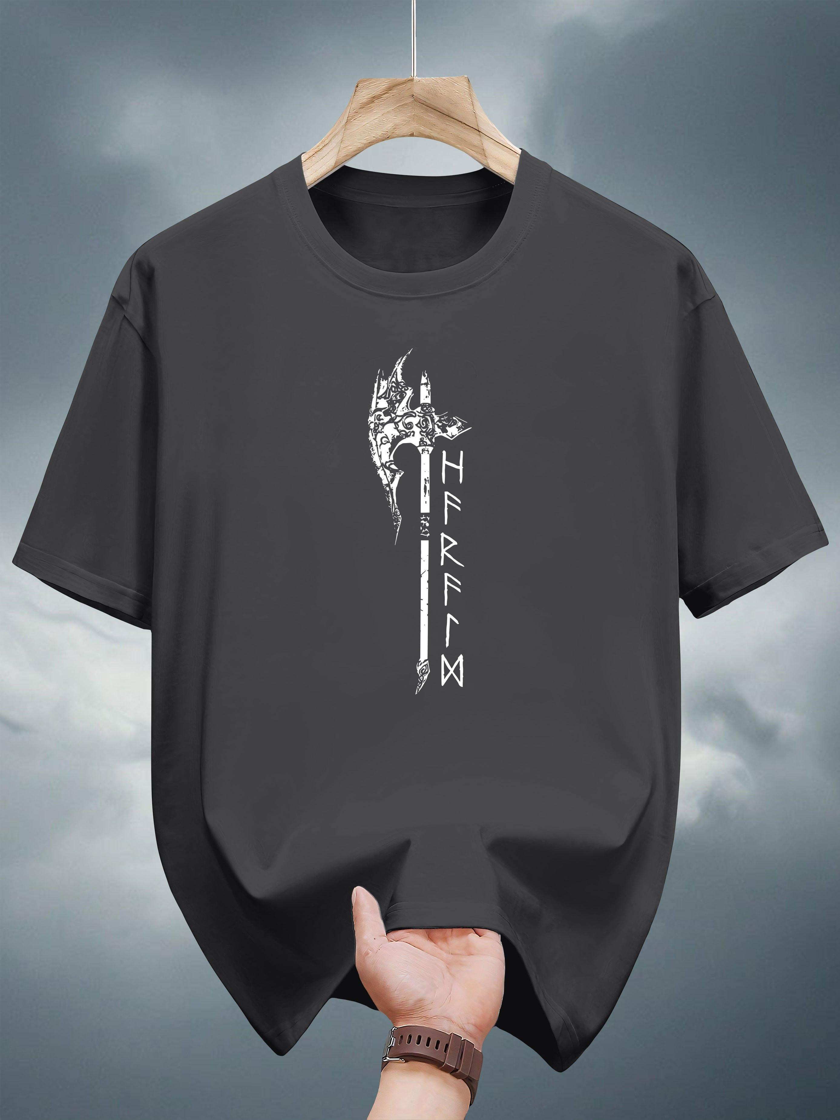 T-shirt with Viking Warrior Graphic Print - Black Casual Summer Tee L