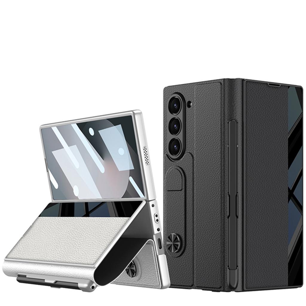 Samsung Z Fold6 Mobile Phone Chitin Leather Bracket Folding Screen Anti Fall Flip Cover Leather Case Film Integrated Pen Slot