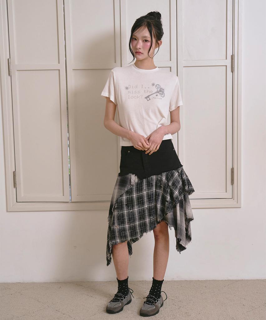 THE GREEN LAB Asymmetrical Check Denim Skirt [Charcoal Gray]