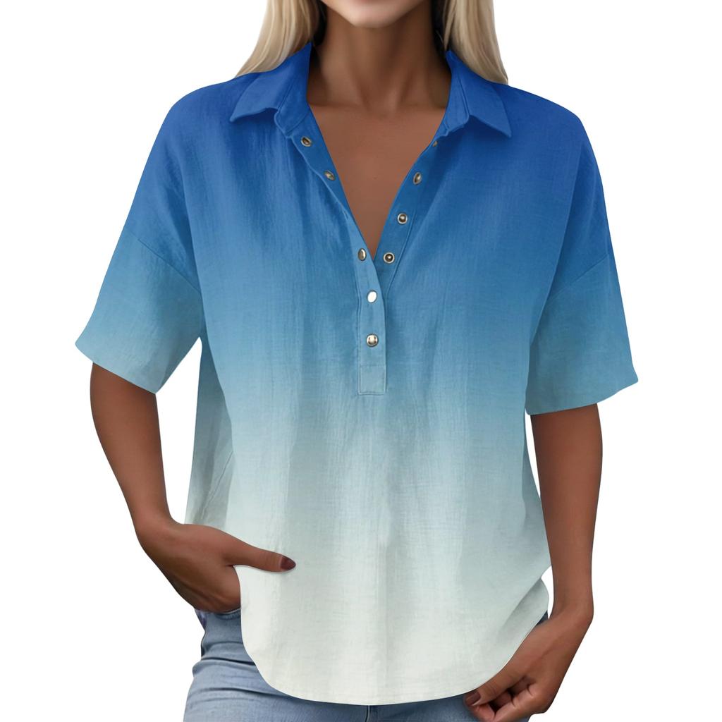 Women Loose Fit Short Sleeve Polo Shirt Vintage Floral Print Button Down Collar Linen Blend Casual Top