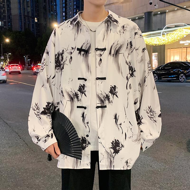 New Chinese style shirt, men's artistic long sleeved ink printed button down shirt, handsome men's Tang suit