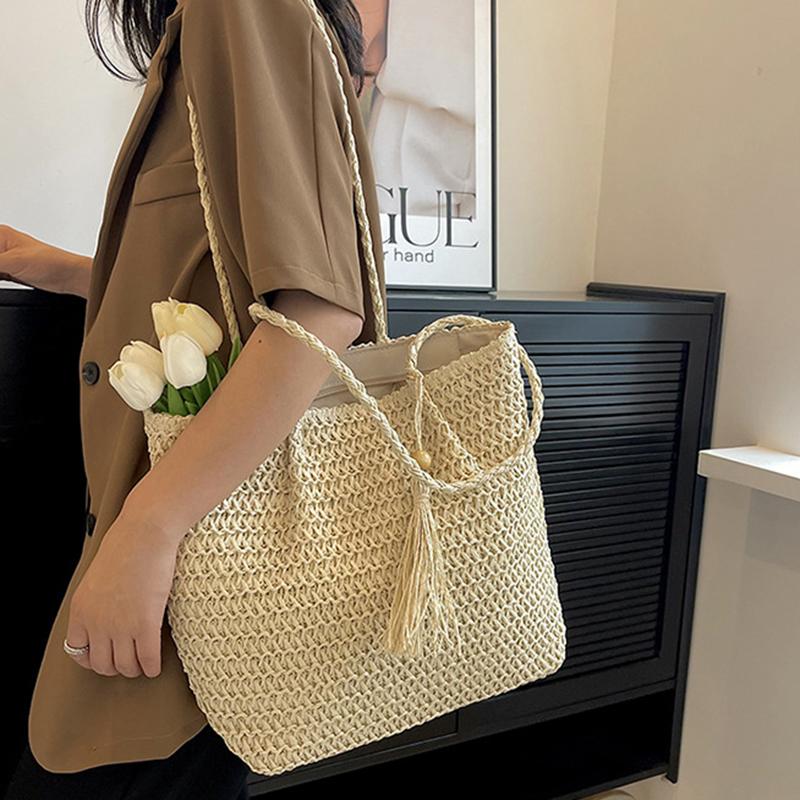 Yogodlns Women Hand Woven Tote Bag Solid Color Large Capacity Square Handbag Straw Shoulder Bag with Tassel Pendant