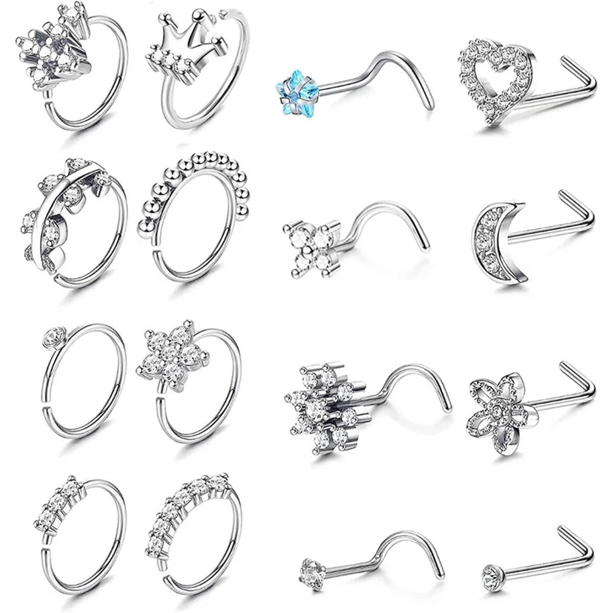 16 Pcs 20G 316 Stainless Steel Nose Rings Hypoallergenic Nose Studs Cartilage Earrings Piercing Jewelry for Women 20G-0.8mm-0.031in