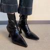 Cowhide version~ High heel pointed short boots French thin heel elastic boots women's versatile soft leather zipper leather thin boots